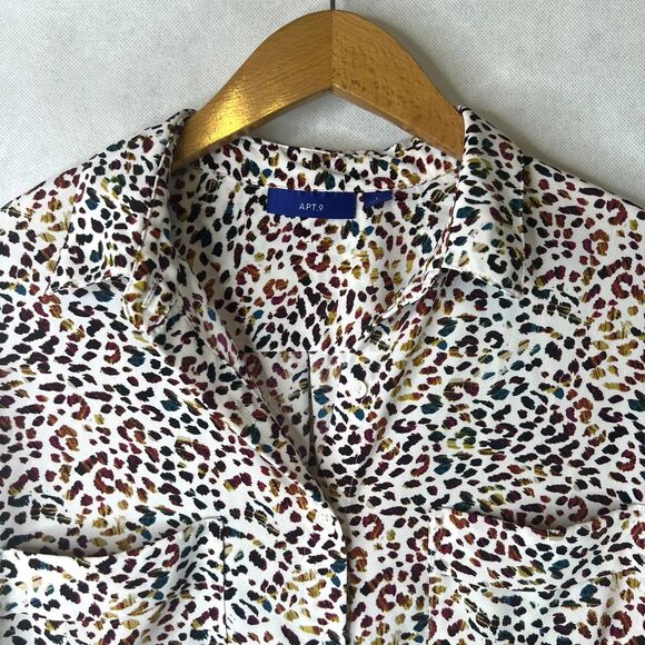 Apt 9 Maximalist Animal Print Spatter Blouse Leopard Roll Tab Sleeves Size Large - Picture 3 of 11